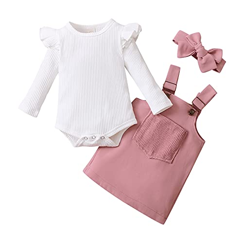 Newborn Baby Girl Fall Clothes Ruffle Long Sleeve Ribbed Romper Corduroy Suspender Skirts Infant Overalls Dress Outfits (Pink , 3-6 Months )