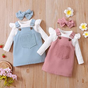 Newborn Baby Girl Fall Clothes Ruffle Long Sleeve Ribbed Romper Corduroy Suspender Skirts Infant Overalls Dress Outfits (Pink , 3-6 Months )