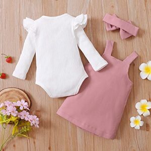 Newborn Baby Girl Fall Clothes Ruffle Long Sleeve Ribbed Romper Corduroy Suspender Skirts Infant Overalls Dress Outfits (Pink , 3-6 Months )