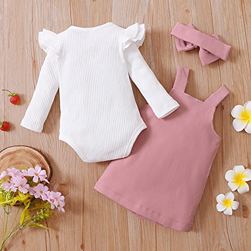 Newborn Baby Girl Fall Clothes Ruffle Long Sleeve Ribbed Romper Corduroy Suspender Skirts Infant Overalls Dress Outfits (Pink , 3-6 Months )