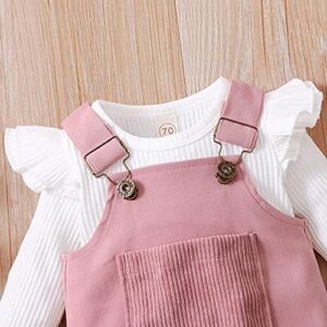 Newborn Baby Girl Fall Clothes Ruffle Long Sleeve Ribbed Romper Corduroy Suspender Skirts Infant Overalls Dress Outfits (Pink , 3-6 Months )