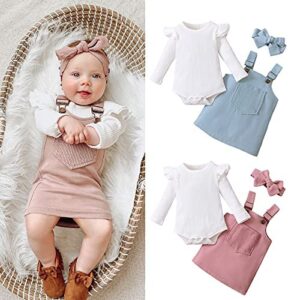 Newborn Baby Girl Fall Clothes Ruffle Long Sleeve Ribbed Romper Corduroy Suspender Skirts Infant Overalls Dress Outfits (Pink , 3-6 Months )