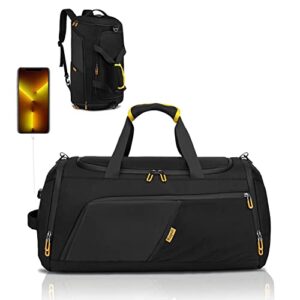 gym duffle bag for men women, travel duffel bag backpack with shoe compartment & wet pocket, 50l waterproof sports overnight weekender bag with usb port, black