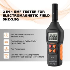 EMF Meter 5HZ-3.5G, ENGiNDOT Digital LCD EMF Detector, 3-in-1 EMF Tester, Ghost Hunting Equipment, Electromagnetic Radiation Detector, Temperature Detector, EMF Inspections