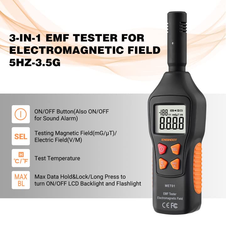 EMF Meter 5HZ-3.5G, ENGiNDOT Digital LCD EMF Detector, 3-in-1 EMF Tester, Ghost Hunting Equipment, Electromagnetic Radiation Detector, Temperature Detector, EMF Inspections