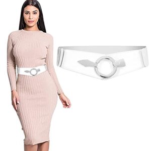 suosdey women fashion wide elastic belt stretch waist belt with easy silver buckle for dresses,white,m