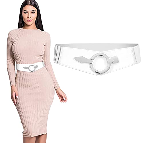 SUOSDEY Women Fashion Wide Elastic Belt Stretch Waist Belt with Easy Silver Buckle for Dresses,white,M