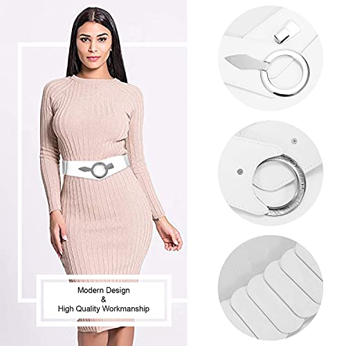 SUOSDEY Women Fashion Wide Elastic Belt Stretch Waist Belt with Easy Silver Buckle for Dresses,white,M