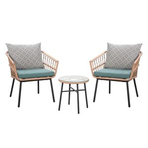 super patio 3 piece patio set, outdoor furniture wicker bistro set rattan chair conversation sets with coffee table and cushions, turquoise/gray