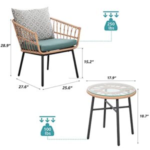 Super Patio 3 Piece Patio Set, Outdoor Furniture Wicker Bistro Set Rattan Chair Conversation Sets with Coffee Table and Cushions, Turquoise/Gray