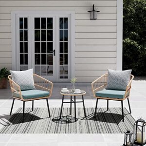 Super Patio 3 Piece Patio Set, Outdoor Furniture Wicker Bistro Set Rattan Chair Conversation Sets with Coffee Table and Cushions, Turquoise/Gray