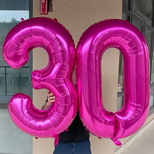 Hot Pink Number 30 Balloon Dark Pink Number 30 Balloon Jumbo Giant Big Large Number 30 Foil Mylar Balloons for Women Men 30th Birthday Party 30 Anniversary Decorations Supplies 40 Inch