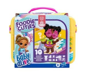baby alive foodie cuties, surprise toy, 3-inch doll for kids 3 and up, 10 surprises in lunchbox-style case (styles may vary)