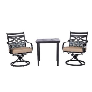 hanover montclair 3-piece all-weather outdoor patio bistro dining set, 2 swivel rocker chairs with comfortable seat and lumbar cushions, 27" square stamped rectangle table, tan