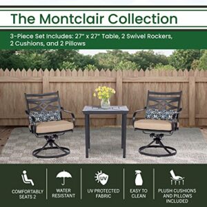 Hanover Montclair 3-Piece All-Weather Outdoor Patio Bistro Dining Set, 2 Swivel Rocker Chairs with Comfortable Seat and Lumbar Cushions, 27" Square Stamped Rectangle Table, Tan