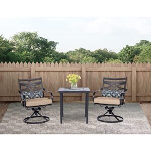 Hanover Montclair 3-Piece All-Weather Outdoor Patio Bistro Dining Set, 2 Swivel Rocker Chairs with Comfortable Seat and Lumbar Cushions, 27" Square Stamped Rectangle Table, Tan