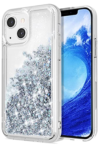 WORLDMOM Compatible with iPhone 13 Mini Case,Clear Bling Flowing Liquid Floating Sparkle Colorful Glitter Waterfall TPU Protective Phone Case Compatible with iPhone 13 Mini [5.4 Inch 2021], Silver