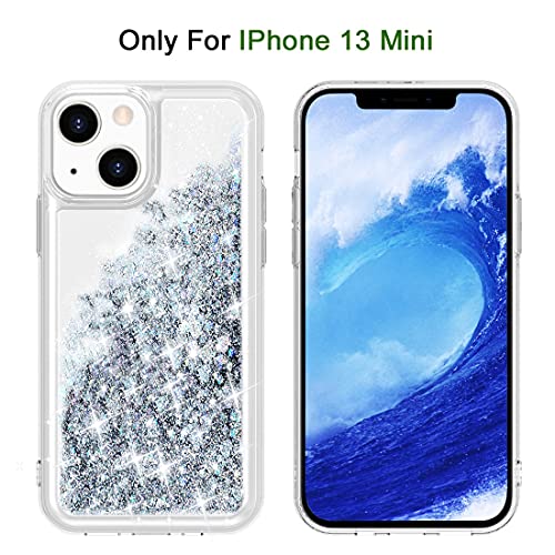 WORLDMOM Compatible with iPhone 13 Mini Case,Clear Bling Flowing Liquid Floating Sparkle Colorful Glitter Waterfall TPU Protective Phone Case Compatible with iPhone 13 Mini [5.4 Inch 2021], Silver