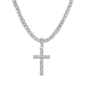 iced out cross pendant on tennis chain for men or women - bling'ed out hip hop jewelry on blast! - gold or silver and size your choice - tn001 cross (16" silver)