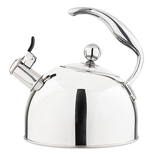 Viking Culinary 3-Ply Stainless Steel Whistling Tea Kettle, 2.6 Quart, Includes Tempered Glass Lid, Ergonomic Stay-Cool Handle, Works on All Cooktops including Induction, Mirror Finish