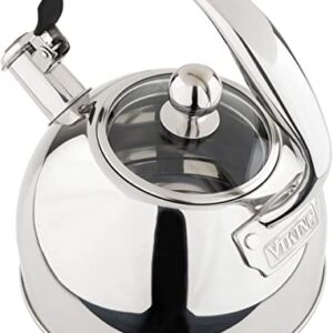 Viking Culinary 3-Ply Stainless Steel Whistling Tea Kettle, 2.6 Quart, Includes Tempered Glass Lid, Ergonomic Stay-Cool Handle, Works on All Cooktops including Induction, Mirror Finish