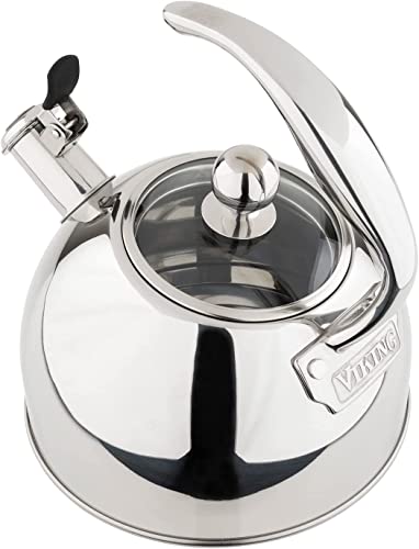 Viking Culinary 3-Ply Stainless Steel Whistling Tea Kettle, 2.6 Quart, Includes Tempered Glass Lid, Ergonomic Stay-Cool Handle, Works on All Cooktops including Induction, Mirror Finish