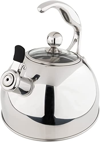 Viking Culinary 3-Ply Stainless Steel Whistling Tea Kettle, 2.6 Quart, Includes Tempered Glass Lid, Ergonomic Stay-Cool Handle, Works on All Cooktops including Induction, Mirror Finish