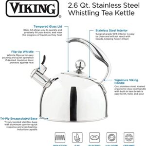 Viking Culinary 3-Ply Stainless Steel Whistling Tea Kettle, 2.6 Quart, Includes Tempered Glass Lid, Ergonomic Stay-Cool Handle, Works on All Cooktops including Induction, Mirror Finish