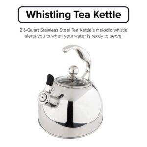 Viking Culinary 3-Ply Stainless Steel Whistling Tea Kettle, 2.6 Quart, Includes Tempered Glass Lid, Ergonomic Stay-Cool Handle, Works on All Cooktops including Induction, Mirror Finish