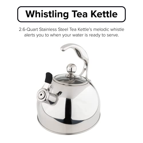 Viking Culinary 3-Ply Stainless Steel Whistling Tea Kettle, 2.6 Quart, Includes Tempered Glass Lid, Ergonomic Stay-Cool Handle, Works on All Cooktops including Induction, Mirror Finish