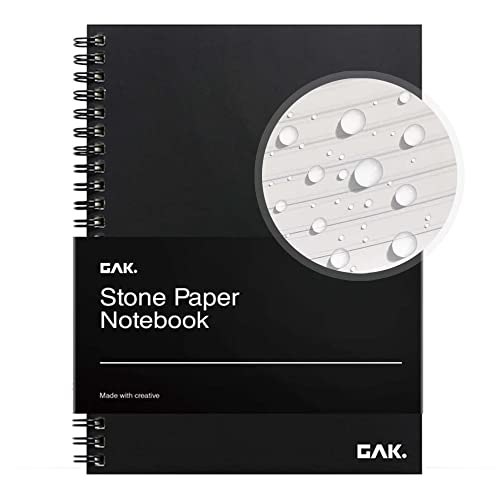 GAK. Stone Paper Waterproof Spiral Notebook, 7.20”x10.11”, 50 sheets, Durable Notebook, Eco-Friendly Mineral Stone Paper Notebook, Waterproof Notepad, Ruled, Black