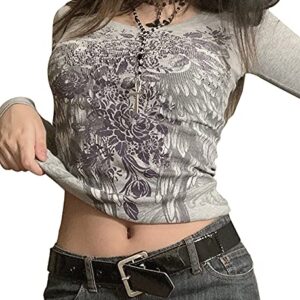 Y2K Shirt Long Sleeve Women Grunge y2k Clothes Rhinestone Floral Blouse Tops Grey M