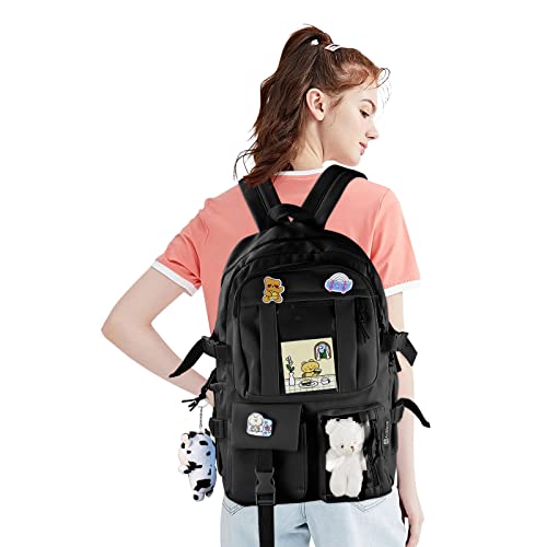 AoMoon Kawaii Backpack Lovely Pastel Rucksack for Teen Girls Aesthetic Student Bookbags with Kawaii Pin and Cute Accessories (Black-C) One Size