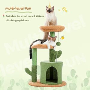 PAWZ Road Cat Tree 32 Inches Cactus Cat Tower with Sisal Covered Scratching Post, Cozy Condo, Plush Perches and Fluffy Balls for Indoor Cats