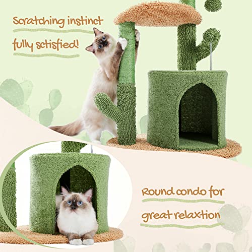 PAWZ Road Cat Tree 32 Inches Cactus Cat Tower with Sisal Covered Scratching Post, Cozy Condo, Plush Perches and Fluffy Balls for Indoor Cats