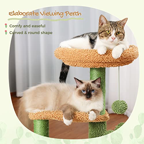 PAWZ Road Cat Tree 32 Inches Cactus Cat Tower with Sisal Covered Scratching Post, Cozy Condo, Plush Perches and Fluffy Balls for Indoor Cats