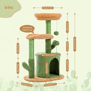 PAWZ Road Cat Tree 32 Inches Cactus Cat Tower with Sisal Covered Scratching Post, Cozy Condo, Plush Perches and Fluffy Balls for Indoor Cats