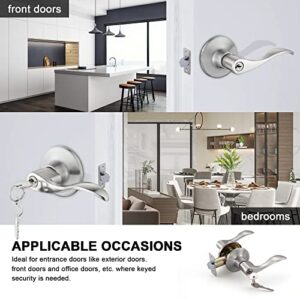 Millgoing Door Lever Handle with Satin Nickel Finish, 1 Pack Contemporary Privacy Front Entry for Right & Left with Lock, Wavy Modern Slim Handles for Home Closet, and Bathroom