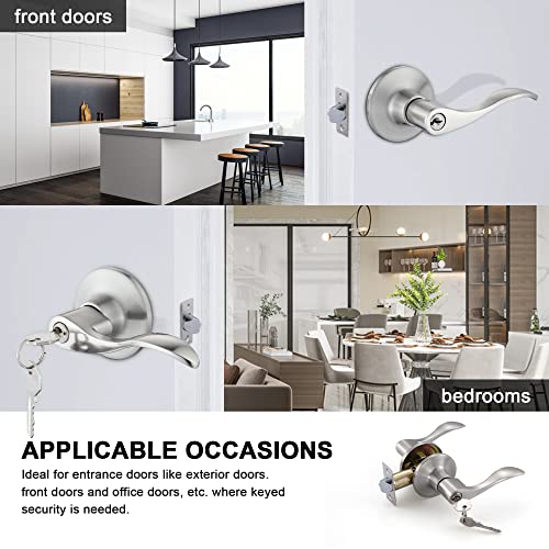 Millgoing Door Lever Handle with Satin Nickel Finish, 1 Pack Contemporary Privacy Front Entry for Right & Left with Lock, Wavy Modern Slim Handles for Home Closet, and Bathroom