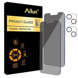 ailun 2pack privacy screen protector for iphone 13 mini [5.4 inch] + 2 pack camera lens protector, anti spy private tempered glass film,[9h hardness] - hd [black]