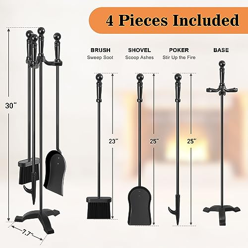 Gtongoko Fireplace Tools Set 4 Pcs 30 Inch Black Wrought Iron Large Fire Tool Set for Outdoor/Indoor Include Chimney Poker, Antique Shovel, Rustic Brush and Stand Accessories Set