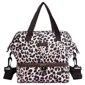mier dual compartment lunch bag womens lunch box cute insulated large leak proof cooler totes bags with shoulder strap for adult work office beach picnic travel, double deck, leopard