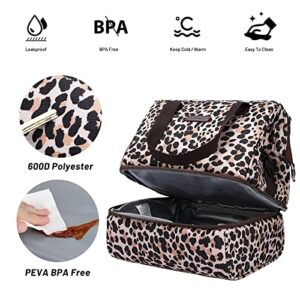 MIER Dual Compartment Lunch Bag Womens Lunch Box Cute Insulated Large Leak Proof Cooler Totes Bags with Shoulder Strap for Adult Work Office Beach Picnic Travel, Double Deck, Leopard