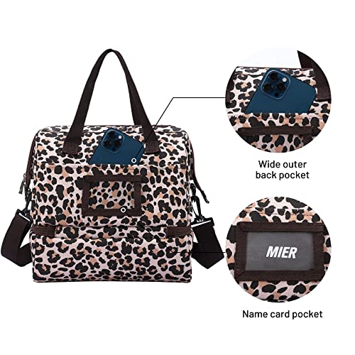 MIER Dual Compartment Lunch Bag Womens Lunch Box Cute Insulated Large Leak Proof Cooler Totes Bags with Shoulder Strap for Adult Work Office Beach Picnic Travel, Double Deck, Leopard