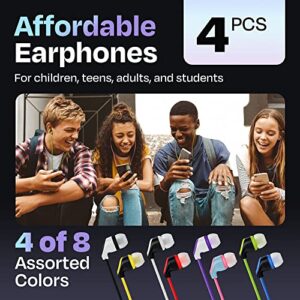 4 Earbuds with Microphone Multipack | for School, Classrooms, Libraries, Museums, Computer, Airplane etc, Wired in-Ear Earphones with Mic for Kids, Teenagers & Adults, Affordable Bulk Headphones