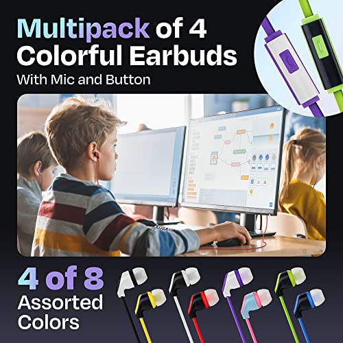 4 Earbuds with Microphone Multipack | for School, Classrooms, Libraries, Museums, Computer, Airplane etc, Wired in-Ear Earphones with Mic for Kids, Teenagers & Adults, Affordable Bulk Headphones