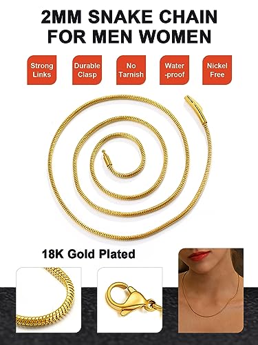 Gold Round Snake Chain Jewelry Women DIY Slim Chain Necklace Gold Plated 18 Inch 2MM Shiny Charms