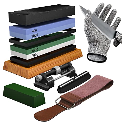 YeopAsda Knife Sharpening Stone Set - Premium 4 Side Grit 400/1000 3000/8000 Whetstone Sharpener Kit - Non-Slip Bamboo Base,Cut Resistant Gloves, Angle Guide,Flatting Stone,Honing Guide,Leather Strop