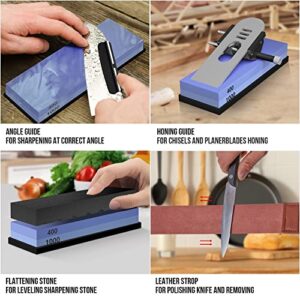 YeopAsda Knife Sharpening Stone Set - Premium 4 Side Grit 400/1000 3000/8000 Whetstone Sharpener Kit - Non-Slip Bamboo Base,Cut Resistant Gloves, Angle Guide,Flatting Stone,Honing Guide,Leather Strop