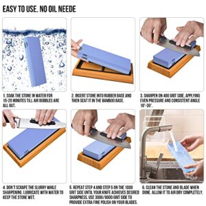 YeopAsda Knife Sharpening Stone Set - Premium 4 Side Grit 400/1000 3000/8000 Whetstone Sharpener Kit - Non-Slip Bamboo Base,Cut Resistant Gloves, Angle Guide,Flatting Stone,Honing Guide,Leather Strop